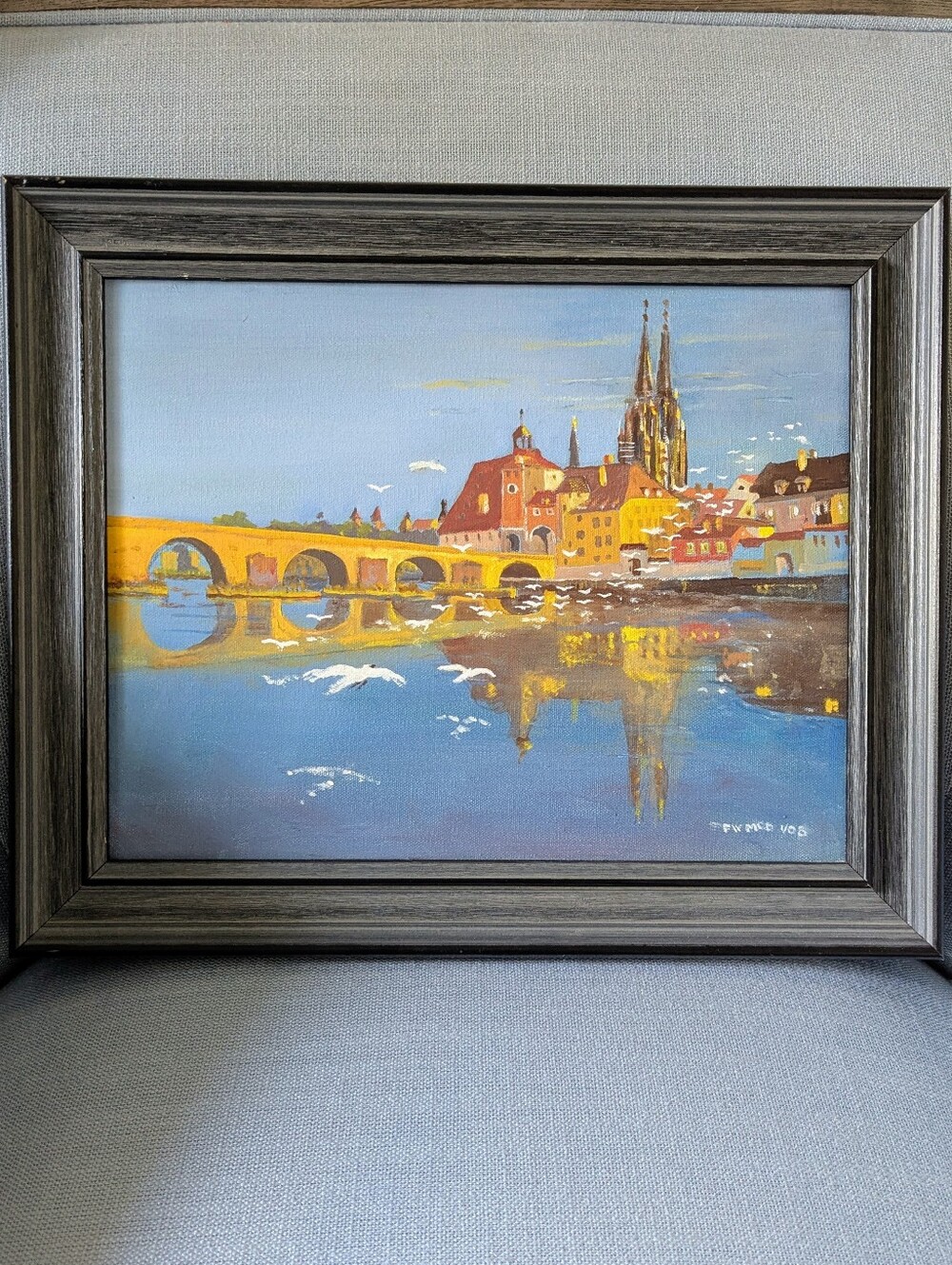 Original Vintage Oil Painting, Regensburg Bridge, Germany